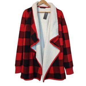 Abercrombie & Fitch Plaid Sherpa Cardigan Women L Red Black Buffalo Check